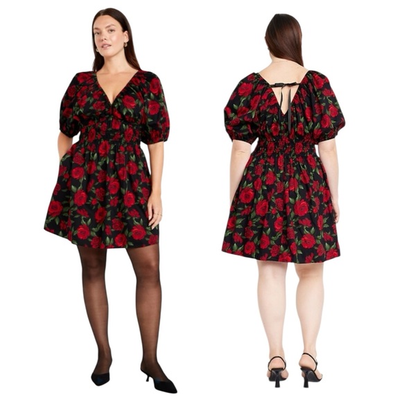 OLD NAVY Red Roses Black Vee Neck Puff Sleeve Waist Defined Mini Dress Size 3X - Picture 1 of 8